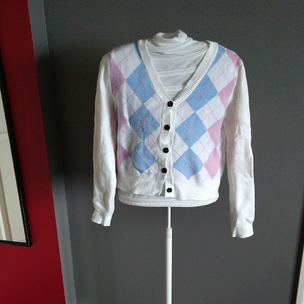 Women's Argyle Cardigan Sweater - White, Blue, and Pink